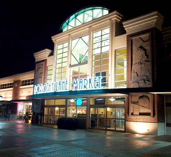 Dorothy Lane Market Springboro, lit up against the night sky